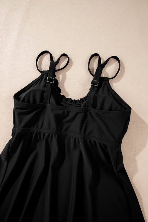 Black 2Pcs Solid Color Spaghetti Straps Tankini Set
